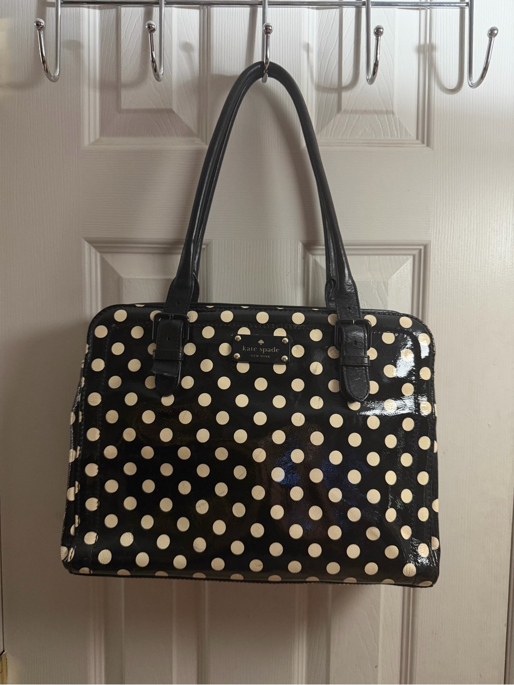 kate spade Black and Cream Polka Dot Patent Tote Bag